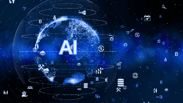 Digital globe with the letters AI in the center surrounded by icons representing global technology