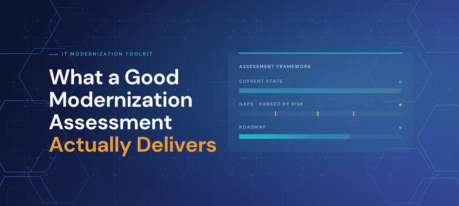 Structured assessment framework diagram showing ranked gaps and a dependency-sequenced modernization roadmap